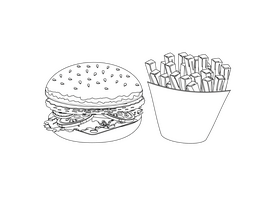Hamburger and Fries in Paper Box black and white clipart