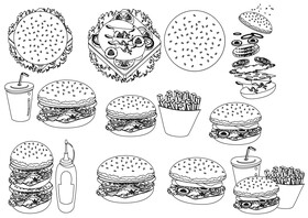 Hamburger, fast food black and white vector