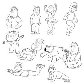 Family Guy cartoon characters set black and white vector