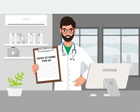 Doctor man with sign stay at home illustration vector