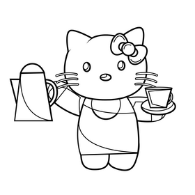 Cute Hello Kitty tea time black and white clipart