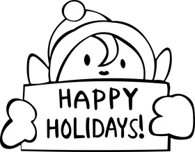 Christmas Elf with happy holidays banner black and white clipart