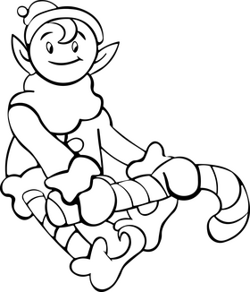 Christmas Elf with candy cane black and white clipart