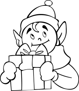Christmas Elf with Gift black and white clipart