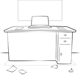 Office desk drawing black and white vector