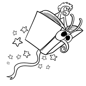 Kids reading And Fly cartoon drawing black and white clipart