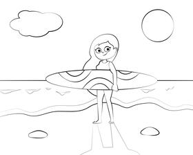 Cute Surfing girl black and white vector