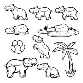 Hippo set black and white vector