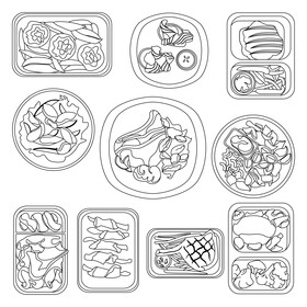 Keto diet meals set black and white vector
