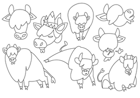 Bison cartoon set black and white vector
