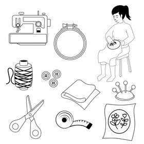 Embroidery kit icons set black and white vector