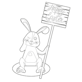 Easter bunny with a sign black and white clipart