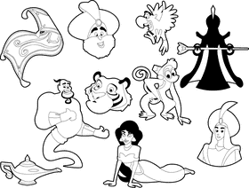 Aladdin cartoon characters black and white vector