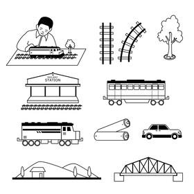 Rail transport modelling icons set black and white vector