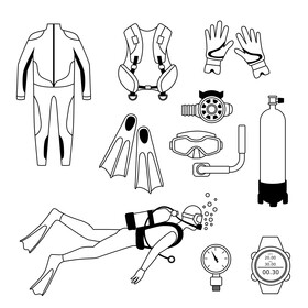 Diving equipment icons set black and white vector