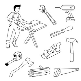 Woodworking carpentry tools set black and white vector