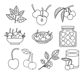Cherry berry set black and white vector