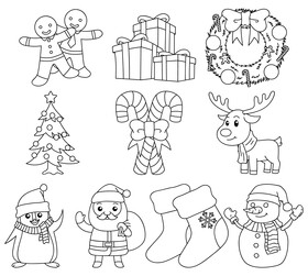 Christmas elements drawing set black and white vector