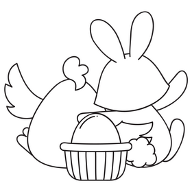 Happy easter chicken and rabbit drawing black and white clipart