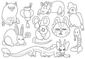 Chinese calendar animals black and white vector