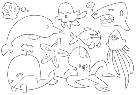 Ocean animals, fishes black and white vector
