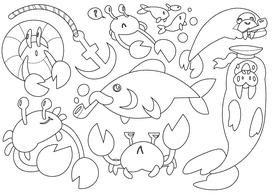 Sea animals black and white vector