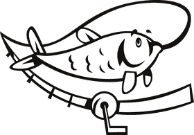 Fishing rod big fish black and white clipart