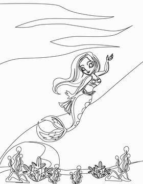 Cute mermaid in the sea black and white vector