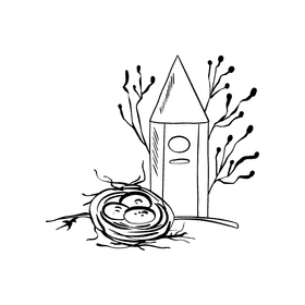 Bird Nest with eggs black and white clipart