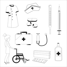 Nurse and medical equipment set black and white vector
