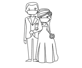 Bride and groom in masks black and white clipart