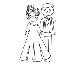 Bride with bun and groom in suspenders black and white clipart