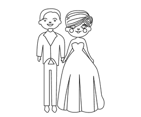 Groom in a blue suit and a brown haired bride black and white clipart