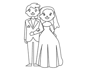 The bride and groom hold hands black and white clipart