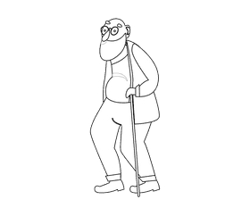 Grandfather in a green sweater with a stick black and white clipart