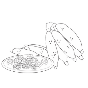 Free banana slices on a plate black and white clipart