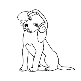Beagle dog listening to music illustration black and white clipart