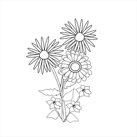 Daisies, gerbera and violets black and white clipart