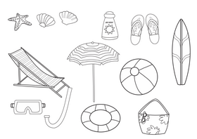Beach elements black and white vector