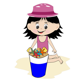 Girl at the beach with shells clipart