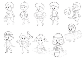 Kids at the beach black and white vector