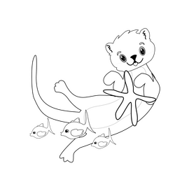 Otter with starfish and fishes black and white clipart