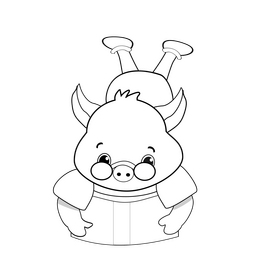Pig reading cartoon black and white clipart