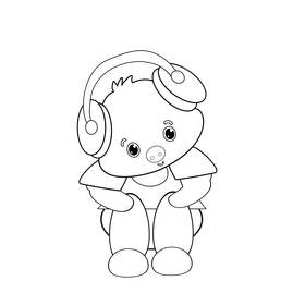 Cartoon pig listening to music black and white clipart