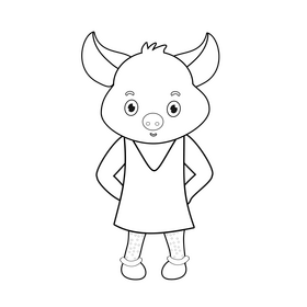 Cute pig with blue dress black and white clipart
