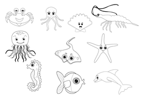 Sea animals black and white vector