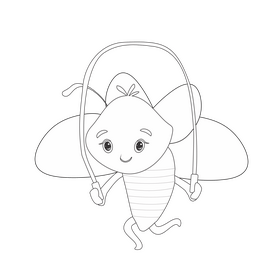 Cartoon bee jumping rope black and white clipart