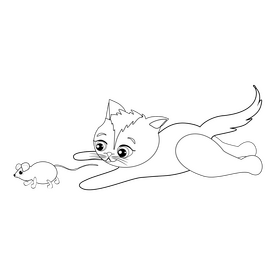 Cartoon cat chasing a mouse black and white clipart