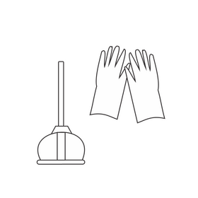 Plunger and cleaning gloves black and white clipart