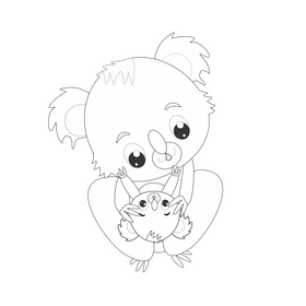Baby koala and mom playing black and white clipart